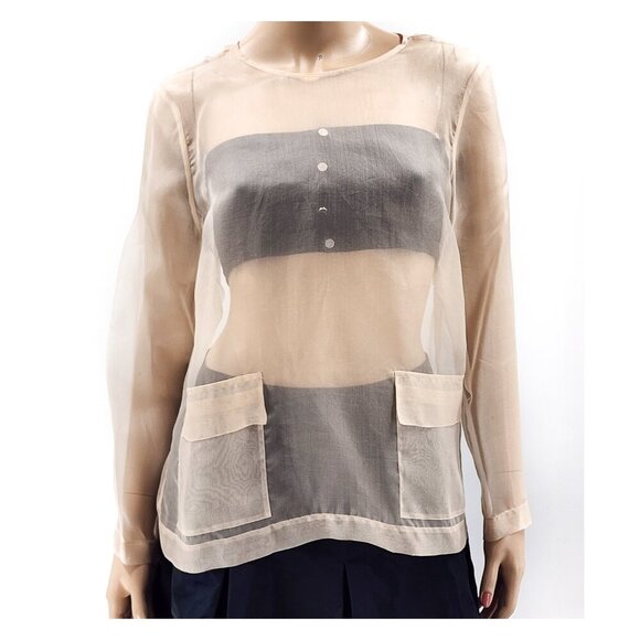 Sheer Long Sleeve Organza Blouse Pockets Beige - Picture 2 of 4